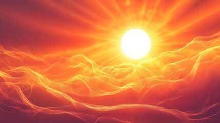 Wall Mural - Bright sun shining over fiery orange clouds.