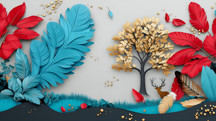 Wall Mural - A 3D modern art wallpaper displays blue, turquoise, and red leaves, feathers, deer, and a golden tree, set against a light gray background with a black splash.