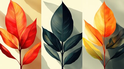 Poster - Autumn leaves, red, orange, yellow, dark green foliage, shadows, light, botanical, plant, nature, collage.