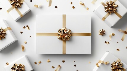 Wall Mural - Elegant Gift Boxes with Golden Bows Surrounded by Festive Decor