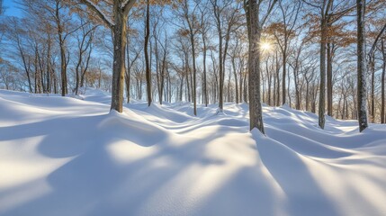 Wall Mural - A peaceful forest scene with snow drifts piling up around tree trunks, sunlight streaming through branches and causing the snow to shimmer