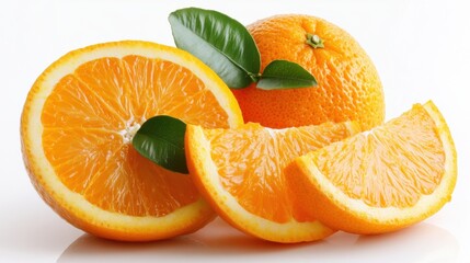 Wall Mural - Fresh Orange Slices and Whole Orange with Green Leaves on White Background