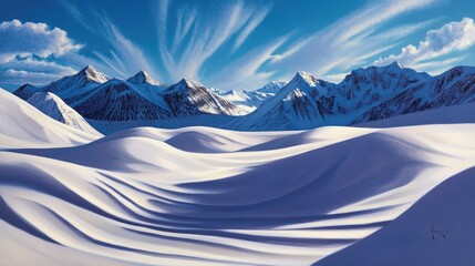 Wall Mural - Wind-sculpted snow drifts with sparkling ridges and shadows, set against a backdrop of rugged mountain peaks under a crisp blue sky