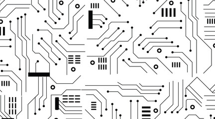 Poster - Black and White Printed Circuit Board Seamless Background with Pattern in Swatches. Vector illustration.