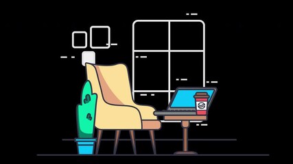 Poster - A cozy workspace featuring a yellow chair, a laptop, and a coffee cup with a plant nearby in a minimalistic design.
