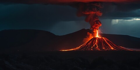 Wall Mural - A hyper-realistic depiction of a violent volcano eruption, lava explosively bursting from the crater, lit by dramatic lightning strikes in the background, utilizing three-point lighting