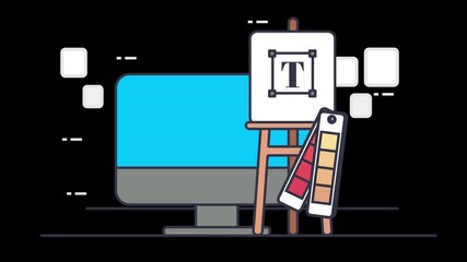 Poster - A digital design workspace with a computer, color palette, and easel showcasing a graphic design concept.