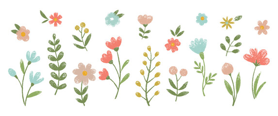 set of doodle flowers for kids with crayon, chalk or pastel texture. scandinavian spring floral back