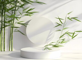 Poster - 3D rendering of a white empty podium with bamboo leaves on the right side and a circular shape in front of it. Minimal background