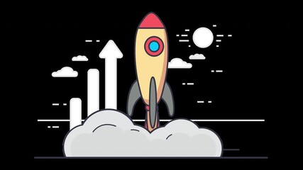 Poster - A colorful cartoon rocket launching with upward arrows in a flat design style against a dark background.