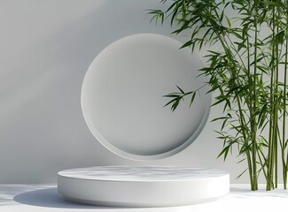 Poster - 3D render of a white podium with bamboo leaves and a circle on a light background, a minimalistic scene, a mockup design template.