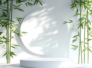 Poster - 3D render of a white podium with bamboo leaves and a circle on a light background, a minimalistic scene, a mockup design template.