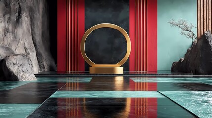 Poster - 3D rendering with a Chinese-style background wall featuring a red and gold color scheme. Dark gray, blue, and green geometric shapes on the ground