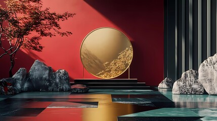 Poster - 3D rendering with a Chinese-style background wall featuring a red and gold color scheme. Dark gray, blue, and green geometric shapes on the ground