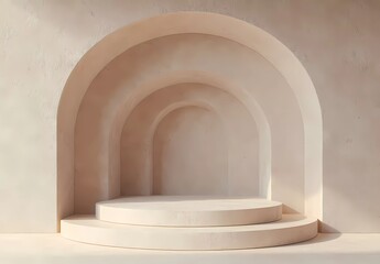 Poster - Abstract background for product presentation, a minimal beige geometric shape with a podium stage and round arches, 3D rendered illustration.