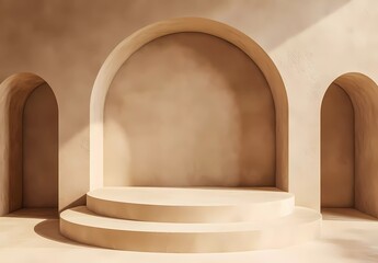 Poster - Abstract background for product presentation, a minimal beige geometric shape with a podium stage and round arches, 3D rendered illustration.