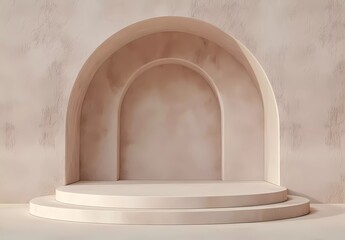 Poster - Abstract background for product presentation, a minimal beige geometric shape with a podium stage and round arches, 3D rendered illustration.