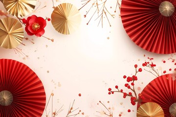 Poster - Abstract background for product presentation with red paper fans and golden flowers on a light-colored background, vector illustration, Chinese New Year celebration concept, 3D rendering.