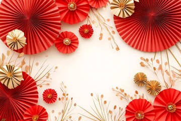 Poster - Abstract background for product presentation with red paper fans and golden flowers on a light-colored background, vector illustration, Chinese New Year celebration concept, 3D rendering.