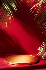 Poster - old circular podium on a red background with shadows from palm leaves, minimalist design, mockup for product presentation, close-up, high-angle view, 3D rendering illustration.