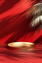 Poster - old circular podium on a red background with shadows from palm leaves, minimalist design, mockup for product presentation, close-up, high-angle view, 3D rendering illustration.