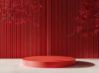 Poster - Red background, red circular podium on the ground, red background wall with vertical stripes, minimalist style, simple and clean background,