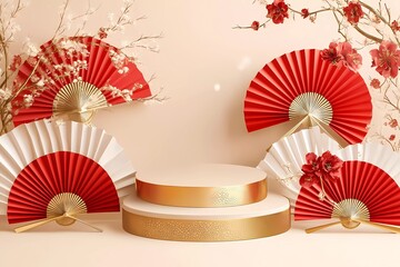 Poster - Vector background for Chinese New Year with red and gold paper fans, podiums, and golden flowers on a light beige background.