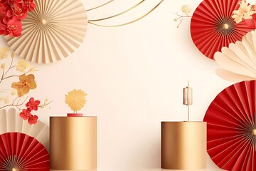 Poster - Vector background for Chinese New Year with red and gold paper fans, podiums, and golden flowers on a light beige background.