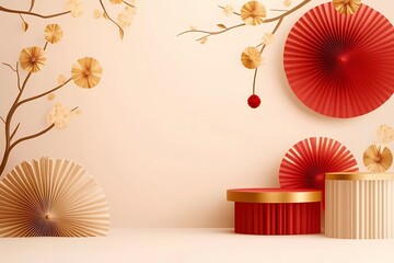 Poster - Vector background for Chinese New Year with red and gold paper fans, podiums, and golden flowers on a light beige background.