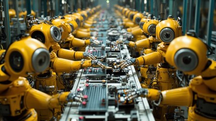 Poster - Assembly Line of Futuristic Yellow Robots: Automation and Technology