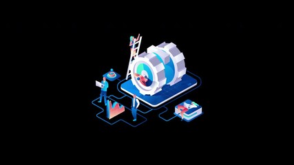Poster - A diverse group of professionals work with data analysis tools in a flat design setting.