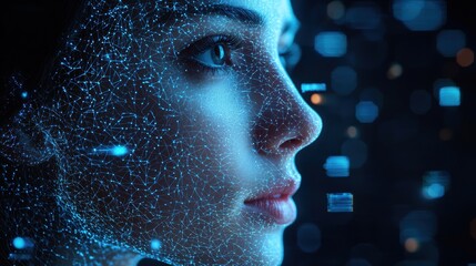 Poster - digital concept exploration of a futuristic female face virtual environment close-up view technology