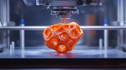Poster - 3D Printing in Action: Orange Abstract Sculpture Emerging from Modern Printer