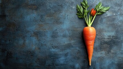 Poster - Vibrant Orange Carrot with Fresh Green Tops on Dark Blue Textured Background