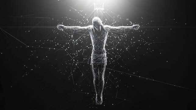 Crucifixion Of Jesus Christ. Low polygon, particle, and triangle style design.Wireframe light connection structure