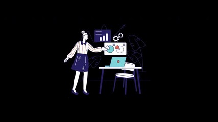 Poster - a european woman presenting data charts in an animated workspace with a laptop and graphs.