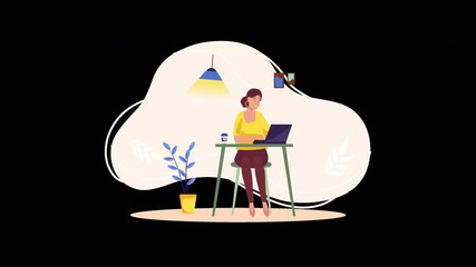 Poster - A European woman working at a desk with a laptop and a plant in a cozy workspace setup.