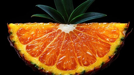 Poster - Vibrant Orange Citrus Slice with Green Leaves on Black Background