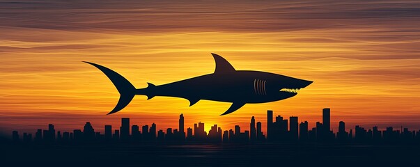 Wall Mural - business shark ceos, majestic shark silhouette against vibrant sunset over city skyline in artistic 
