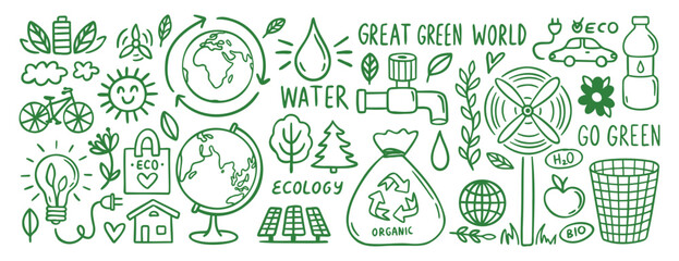 recycle eco friendly and green world concept doodle hand drawn icon set. outline drawing recycle eco