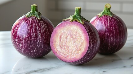 Sticker - Vibrant Purple and Pink Eggplants on Marble Surface