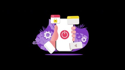 Aufkleber - A cartoonish hand holding a smartphone with app icons and a power button, set against a colorful background.