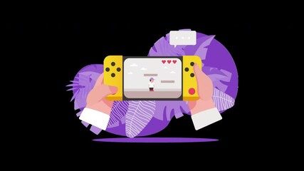 Poster - A person holding a gaming console with a colorful background and palm leaves, showcasing a character in a 2D game.