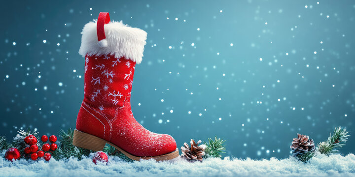 Red Christmas Boot on Blue Background for Holiday and Festive Decorations