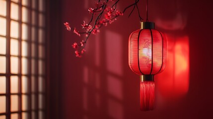 Canvas Print - Red Chinese lantern hanging near a window with blossom branch.