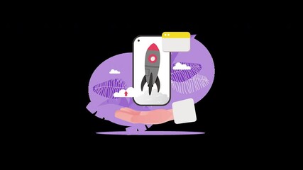 Poster - A hand holding a smartphone featuring a rocket and chat bubbles, representing technology and innovation.