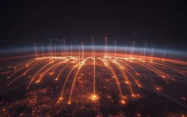 Poster - global network map, international business connections, digital lines linking countries, global communication and commerce, global economy