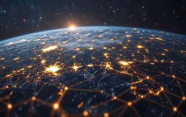 Poster - global network map, international business connections, digital lines linking countries, global communication and commerce, global economy