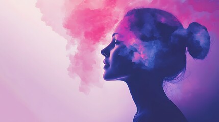 Canvas Print - Serene woman's profile silhouetted against vibrant, colorful smoke clouds, symbolizing dreams, thoughts, or imagination.