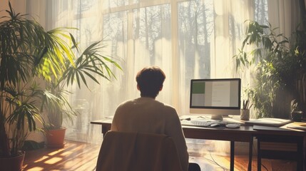 Poster - Sunlight Streaming Through Window, Person Working at Home Office